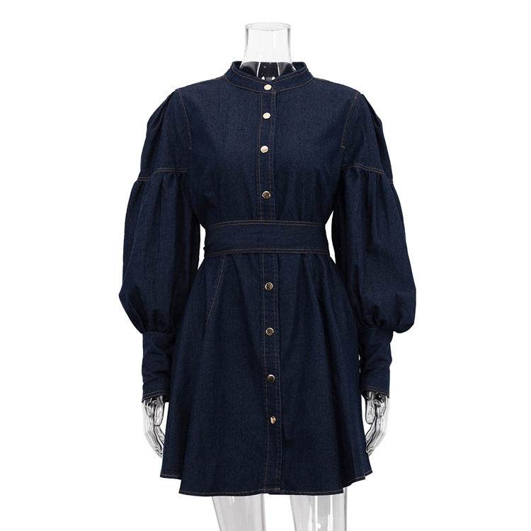 Classy Fashion Lantern Sleeve Button down Denim Shirt flared Mini Dress