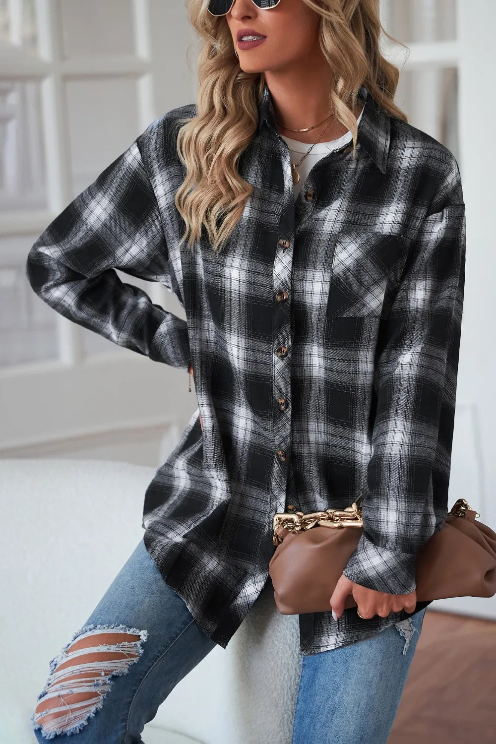 Plaid Button Up Dropped Shoulder Outerwear - Velora