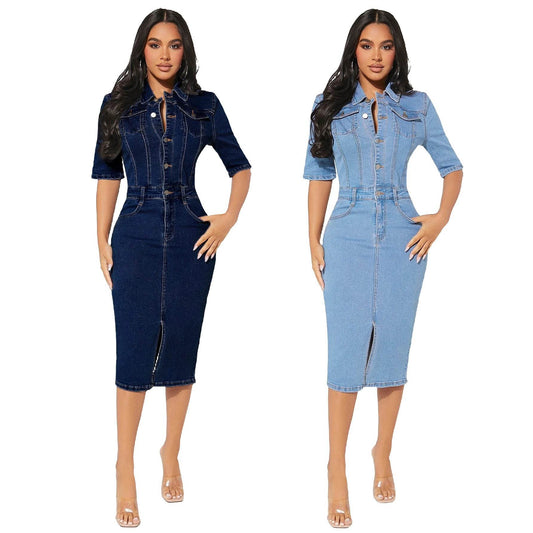 Women's Fashion Personality fitted Denim Hip-wrapped Jeans Midi straight cut front split Dress - Velora