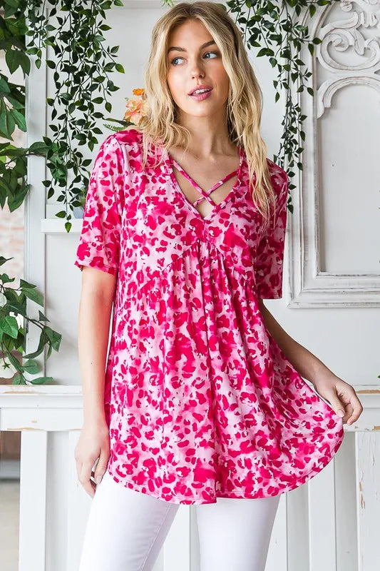 Heimish Full Size Short Sleeve Crisscross Animal Babydoll Top Plus Size - Velora