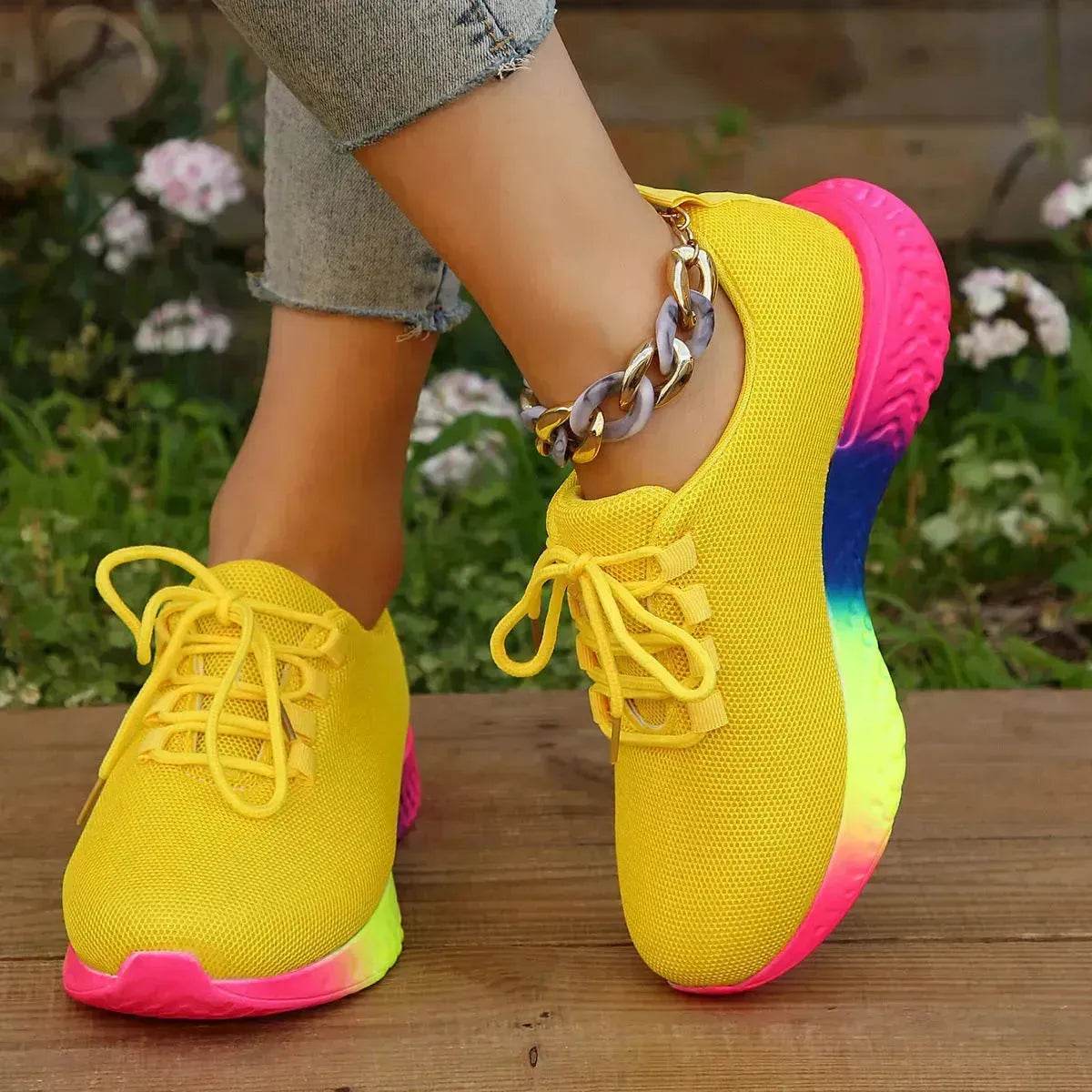 Rainbow sneaker - Lace-up Mesh Shoes With Rainbow Sole Design Fashion Walking Running Sports Shoes Sneakers For Women - Velora