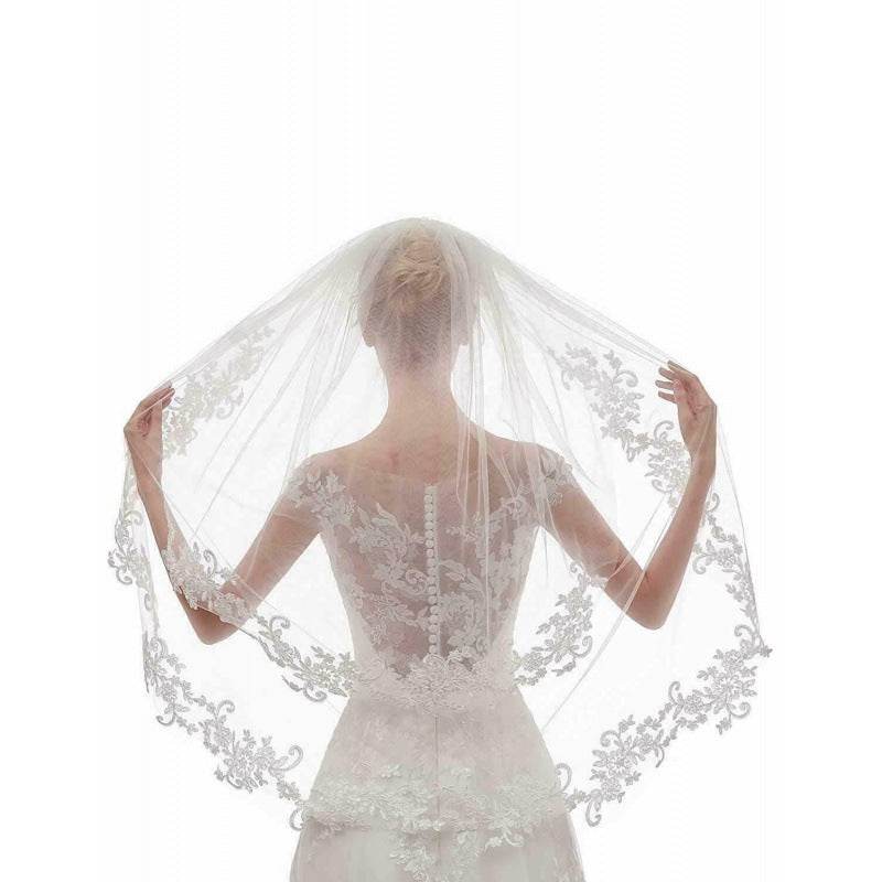 Veil White Ivory Embroidery Applique Double Rounds Comb - Velora