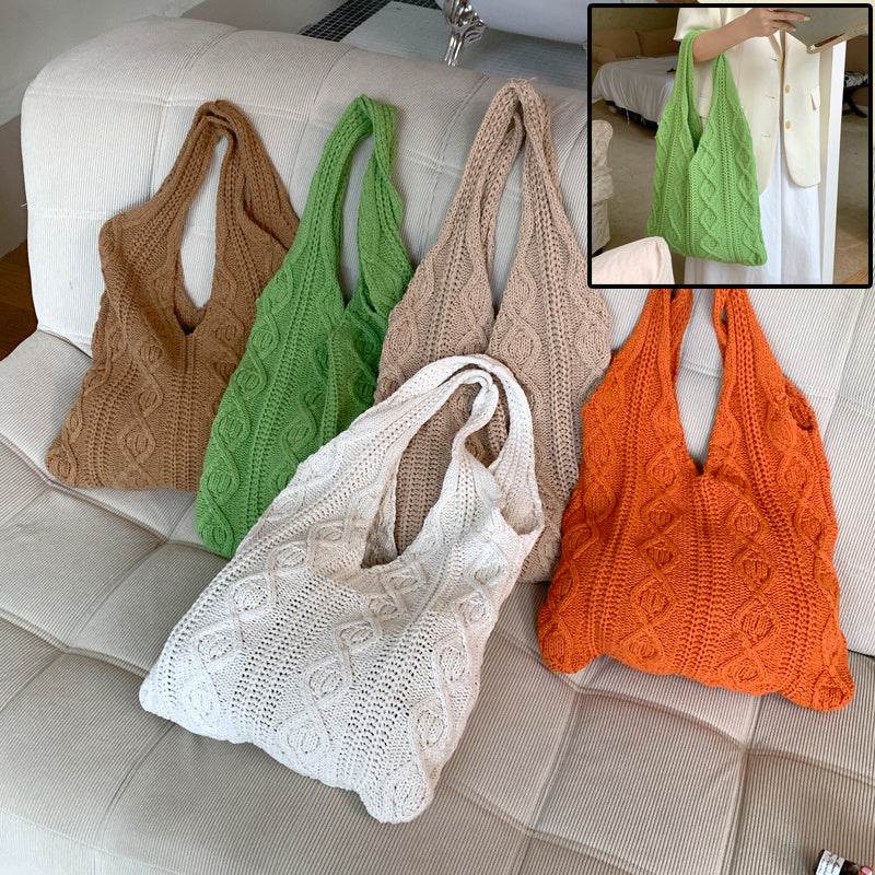 GWomen Shoulder Bags Portable Retro Hollow Knitted Woolen Yarn Bag Shoulder Tote Bag Solid Color Crochet Bag Large Capacity Shopping Tote Bags - Velora