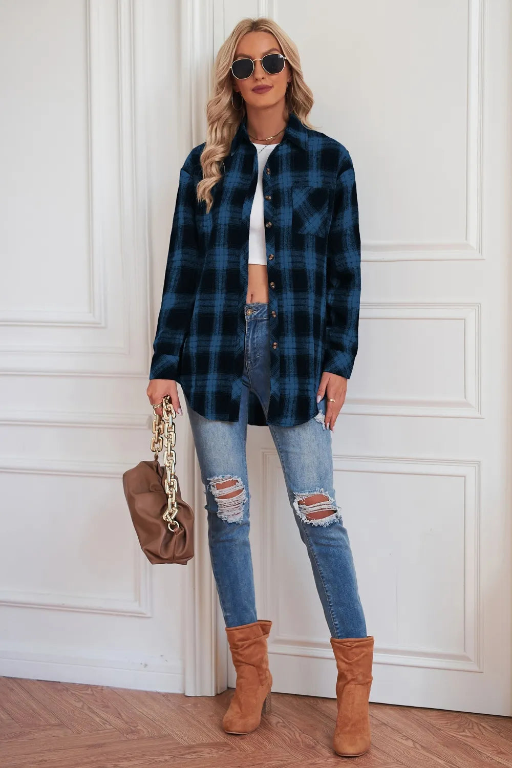 Plaid Button Up Dropped Shoulder Outerwear - Velora