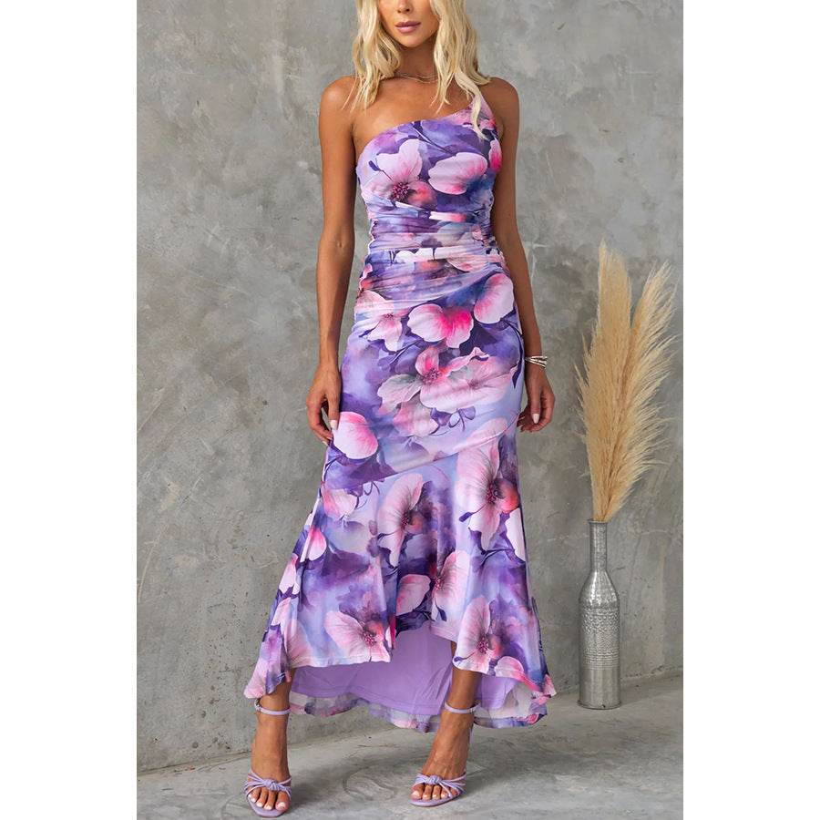 Flowers Print One-shoulder Dress Summer INS Casual Suspender Long Dresses Womens Clothing - Velora