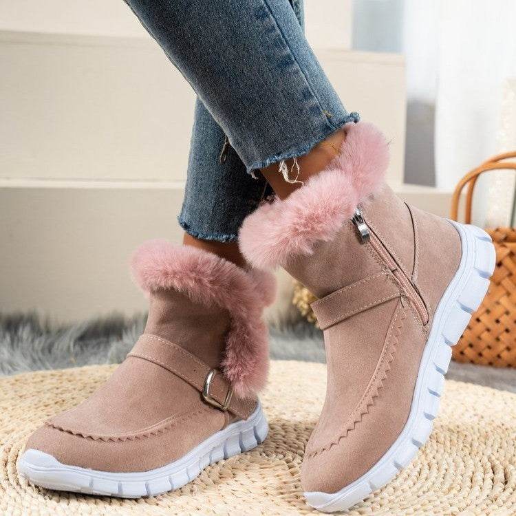New Snow Boots Winter Warm Thickened Solid Color Plush Ankle Boots With Buckle Design Plus Velvet Flat Shoes For Women - Velora