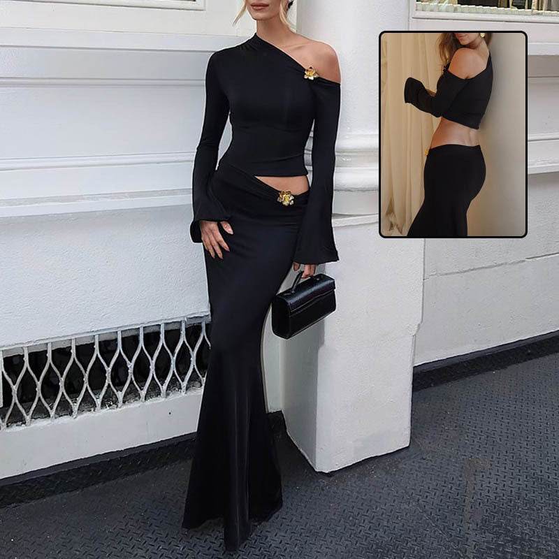 Sexy Slim Oblique Shoulder Skirt Suit With Flower Fashion Bell Sleeve Long Sleeve Top And High Waist Long Skirt Women Clothing - Velora