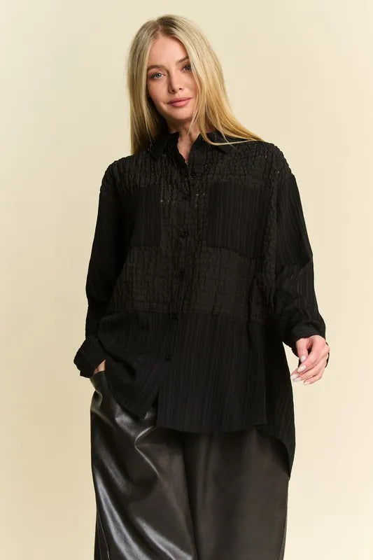 Davi & Dani Crinkled Jacquard Button Down Shirt - Velora