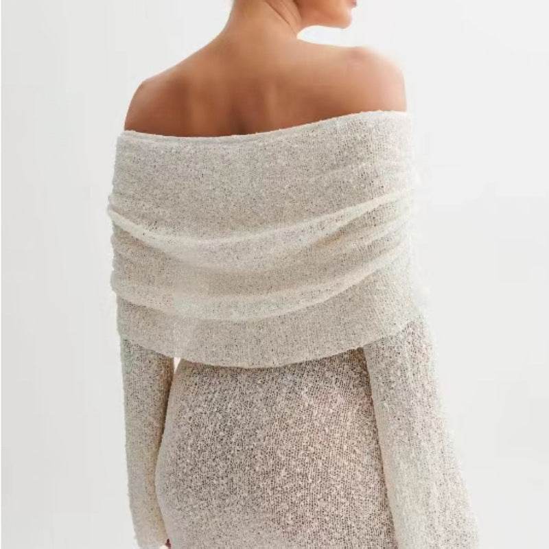 Women's Spring Summer Knitted Dress Elegant Party Boat Neck Dress Infant Off Shoulder Bodycon Long Sleeve Fuzzy Short Club Chic Mini Dress - Velora