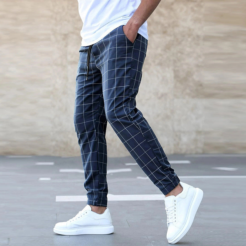 Fashion Plaid Print Pants Casual Drawstring Trousers Men's Clothing - Velora