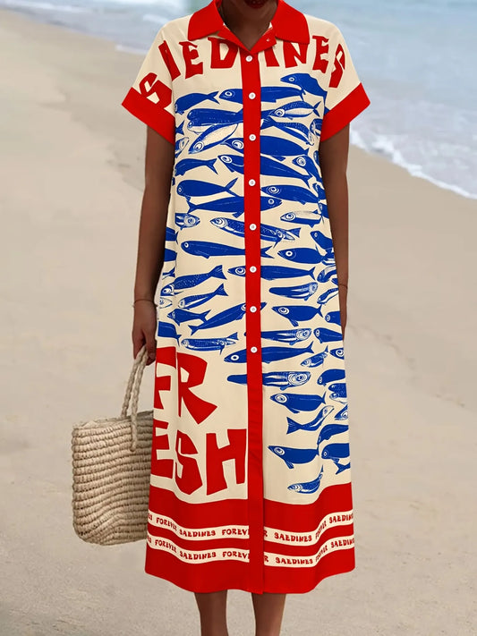 Printed Button Down Shirt Dress - Velora