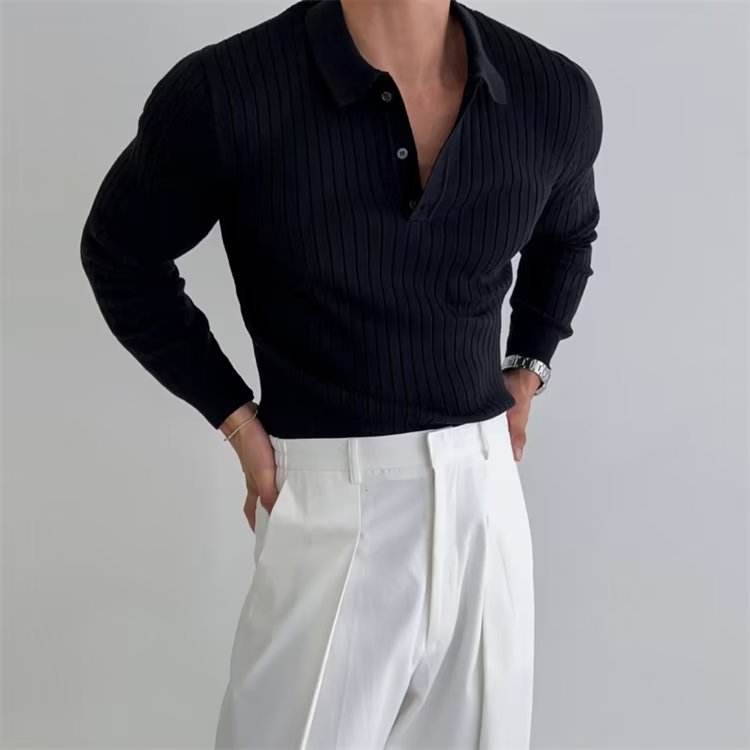 Lapel Button Long Sleeve Polo Shirt Slim Fashion Solid Striped Knitted Bottoming Shirt Top Men's Clothing - Velora