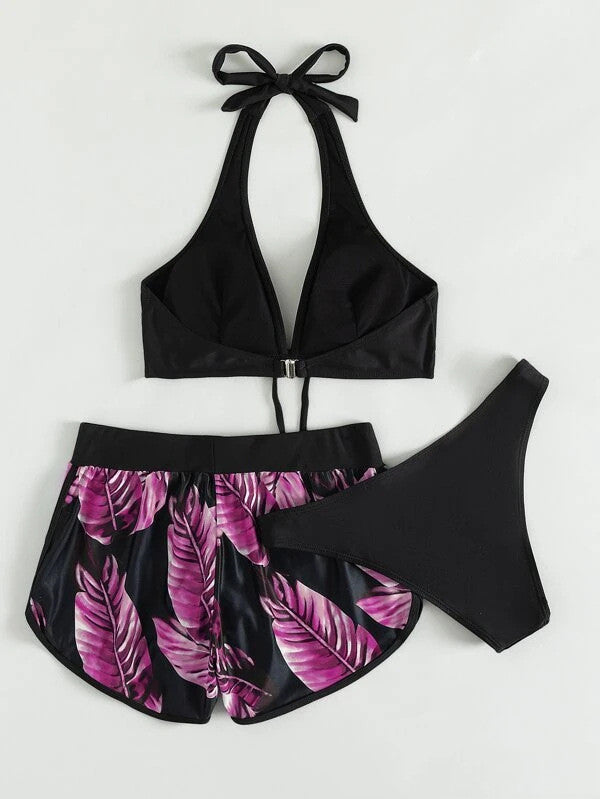 3pcs Leaf Print Bikini With Shorts Fashion Summer Beach Swimsuit Womens Clothing https://like2b-uy