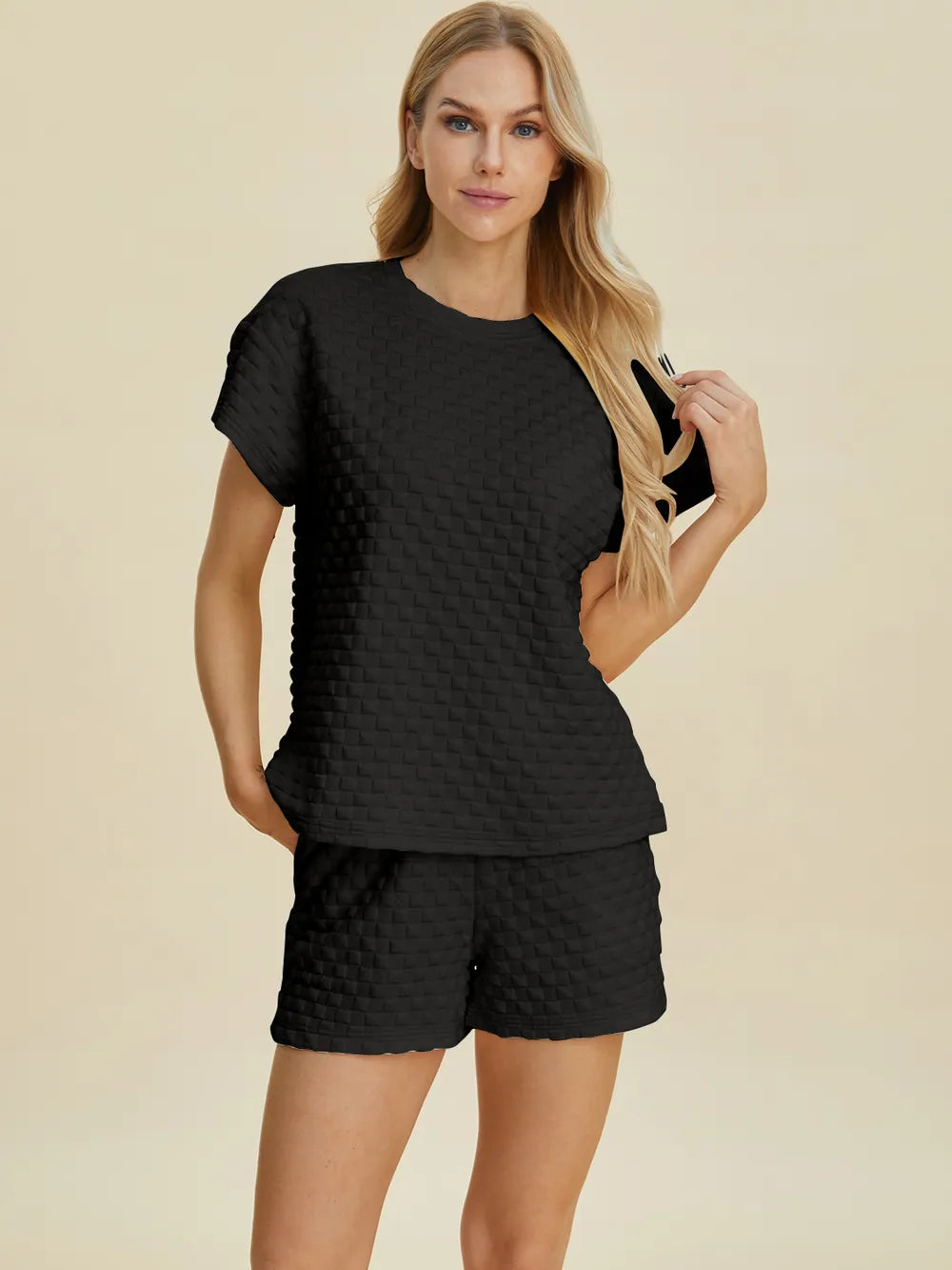 Double Take Full Size Texture T-Shirt and Shorts Set - Velora