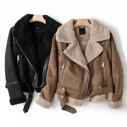 WInter Lapel Jacket Suede Lamb Wool Warm Coat Motorcycle Clothing Women Outwears - Velora