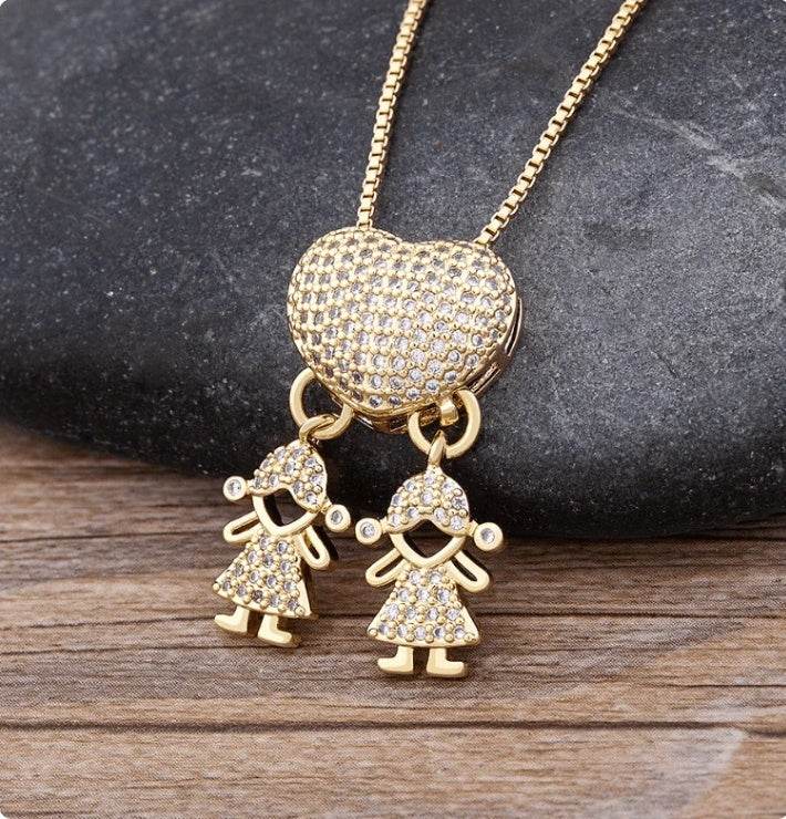 Fashion Jewelry Son Daughter Heart Gold Color Cubic Zirconia Family Girl Boy Pendant Necklace Chain Jewelry For Mother Gift - Velora