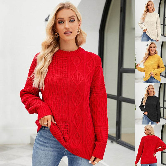 Casual Round-neck Pullover Sweater Fall Winter Solid Color Cable-knot Pattern Tops Women Clothing - Velora