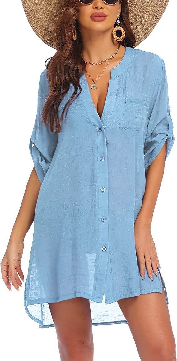 European And American Sun Protection Women Beach Linen Shirt dress - Velora