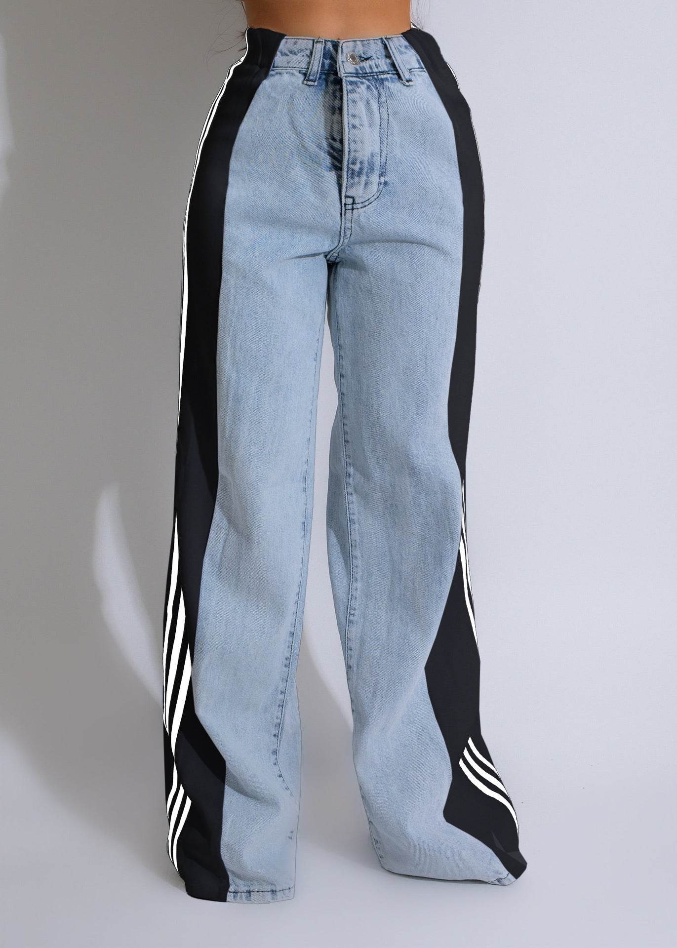 2024 Fashion Casual High Waist Elastic Straight Leg Trousers Three Stripe Patchwork Denim Wide Leg Pants Streetwear - Velora