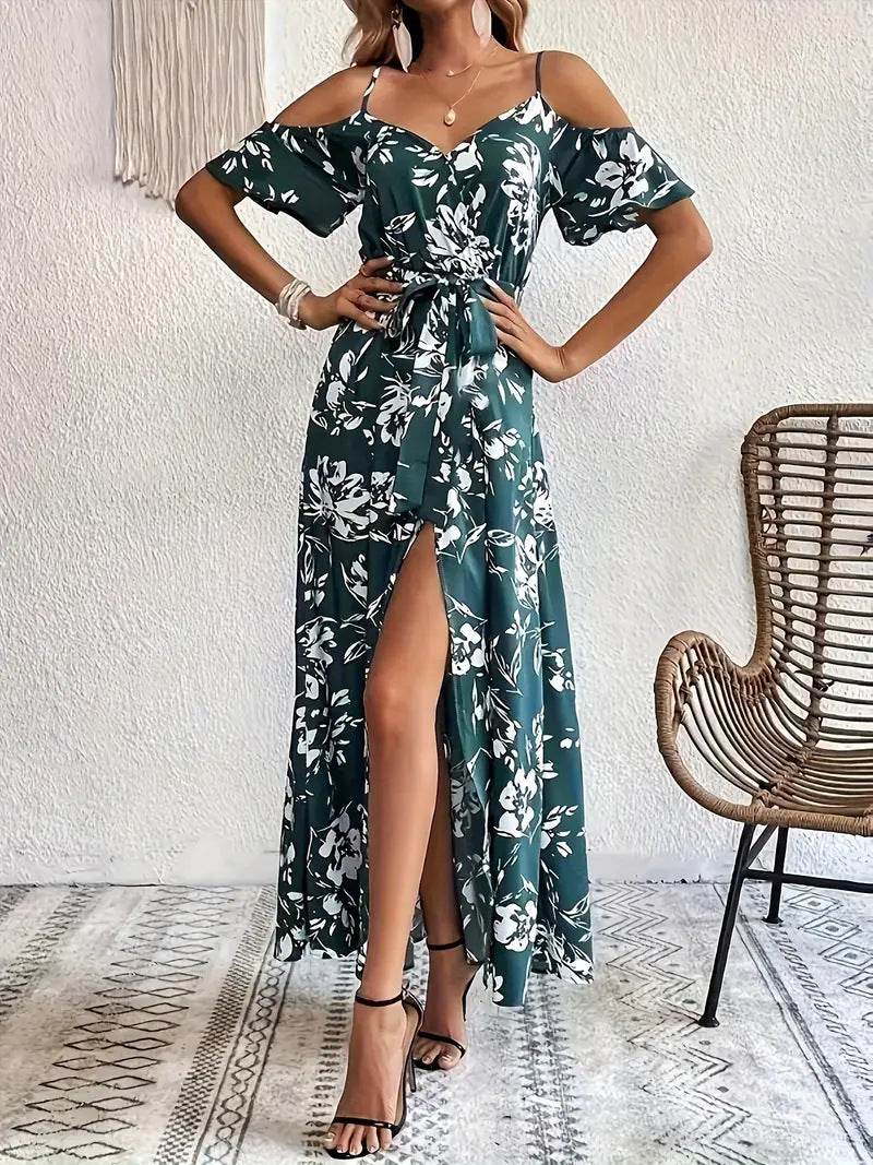 Ins Off-Shoulder Split Dress Summer Floral Print Suspender Long Dresses With Belt Design Women's Beach Clothing - Velora
