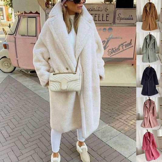 Lapel Lamb Fleece Coat With Pockets Faux Fur Coat Winter Warm Thickening Long Windbreaker Women's Clothing - Velora