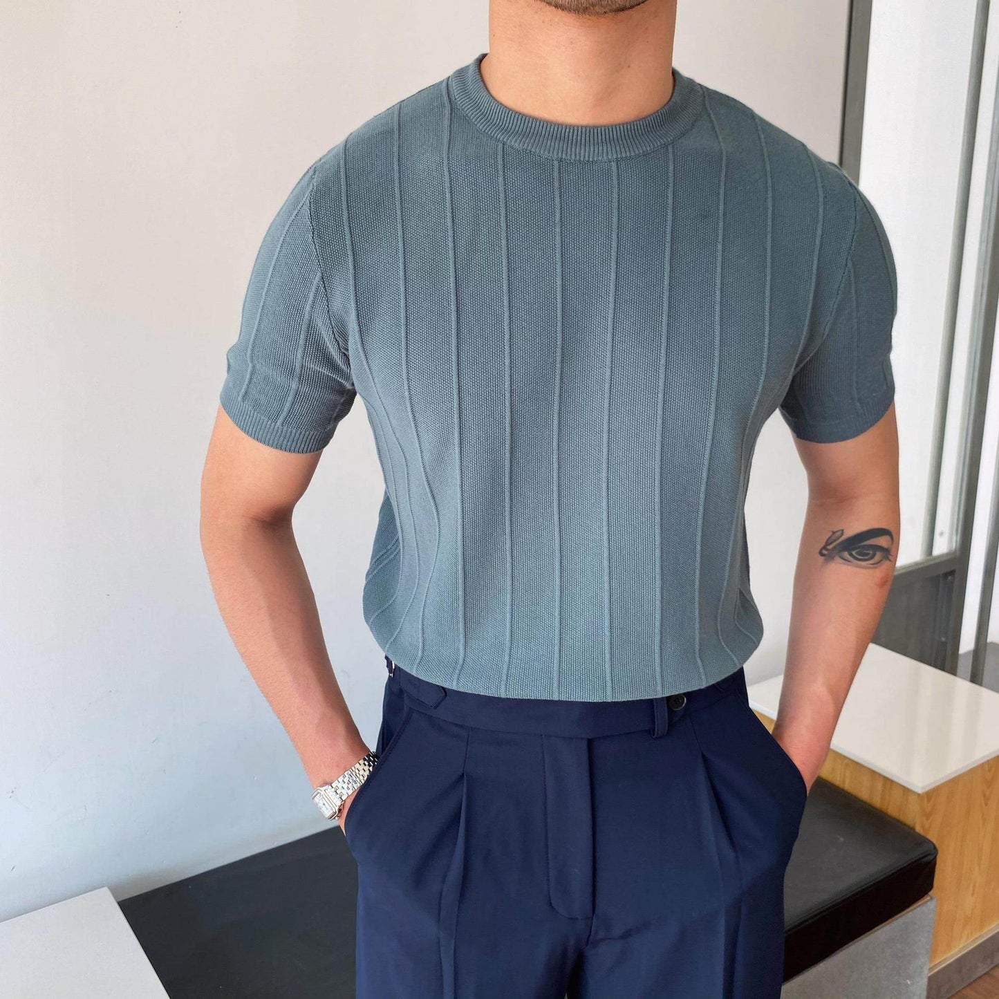 Short Sleeve Knitted T-shirt Summer Men's Light Round Neck Thin Tops - Velora