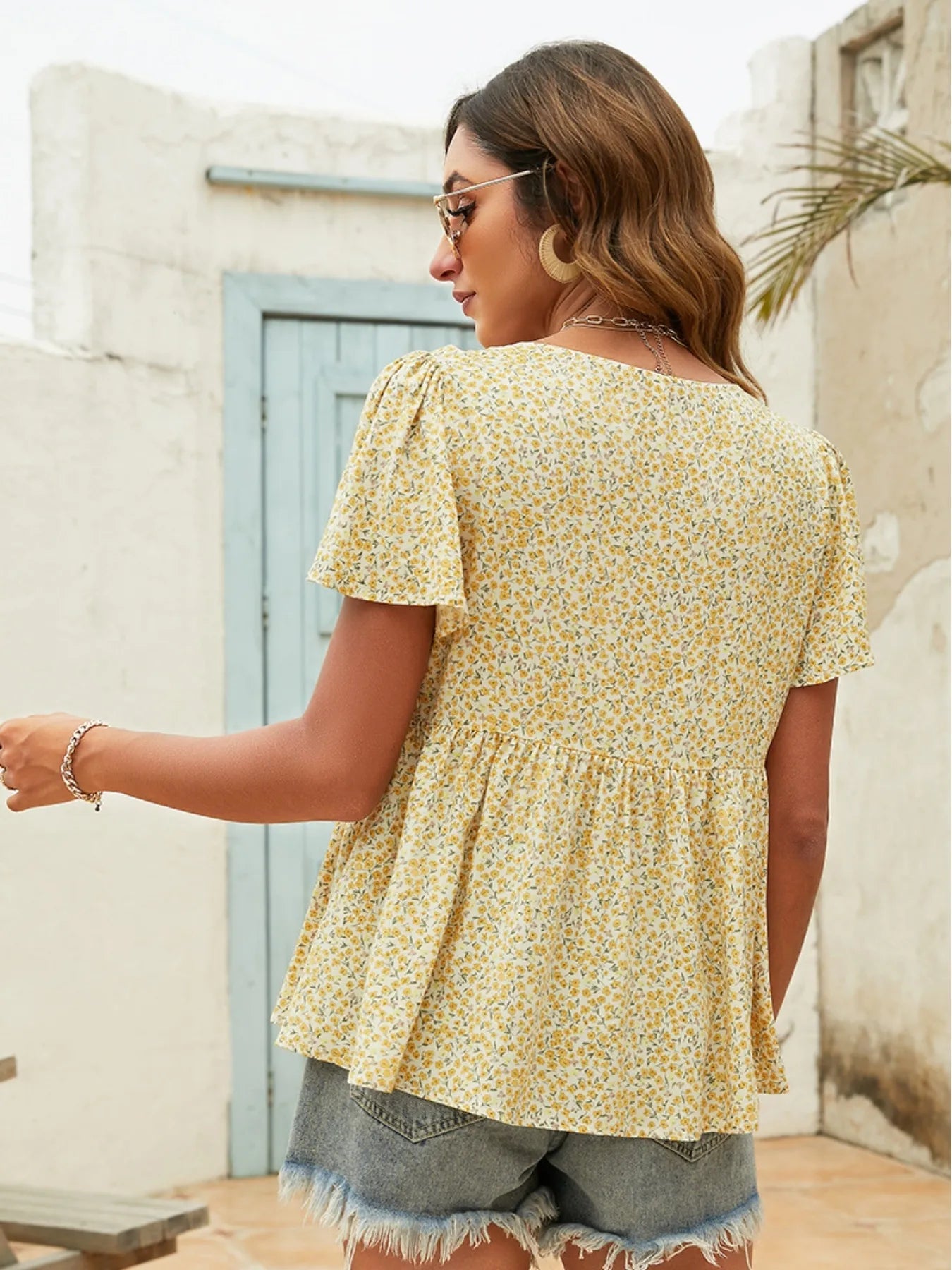 Floral Print V-neck Flutter Sleeve Babydoll Blouse - Velora