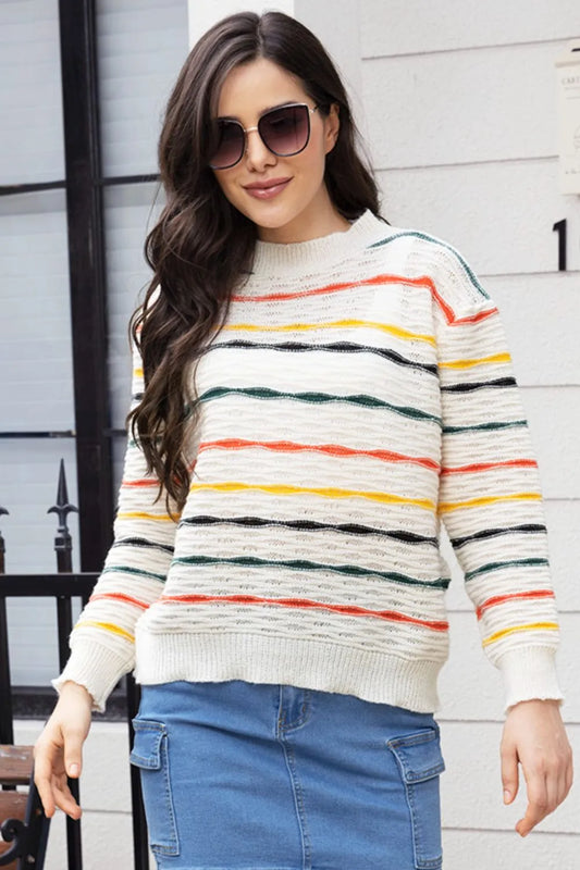 Striped Round Neck Long Sleeve Sweater - Velora