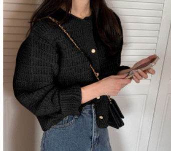 Round Neck Texture Woven Design Loose Long Sleeve Short Knitted Sweater - Velora