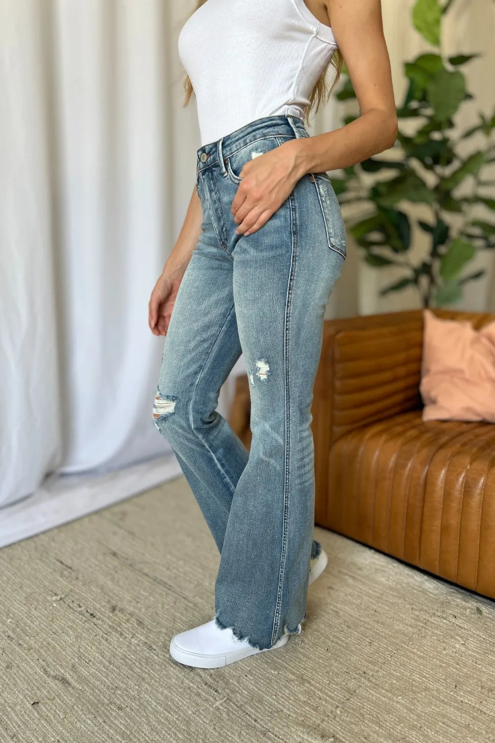 Judy Blue Full Size Medium Rise Tummy Control Destroy Flare - Velora