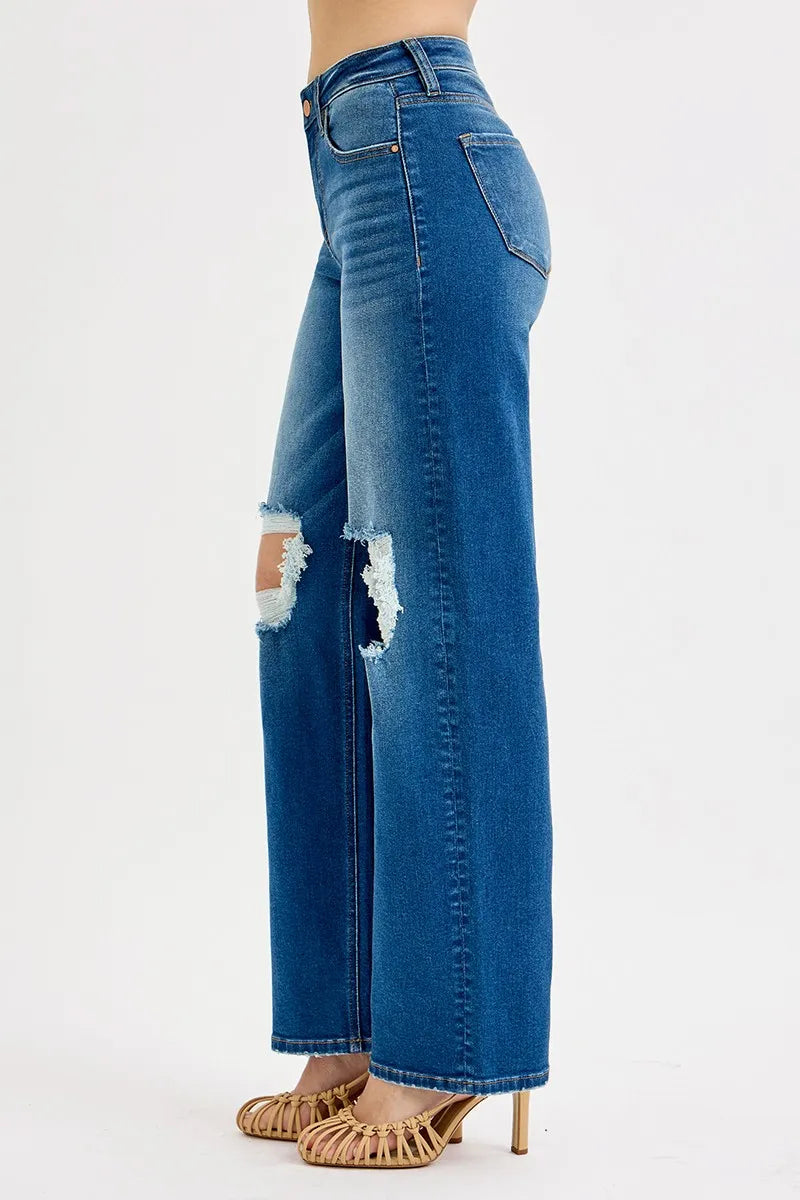 RISEN Full Size Mid Waist Fit Boyfriend Knee Distressed Jeans Plus Size - Velora