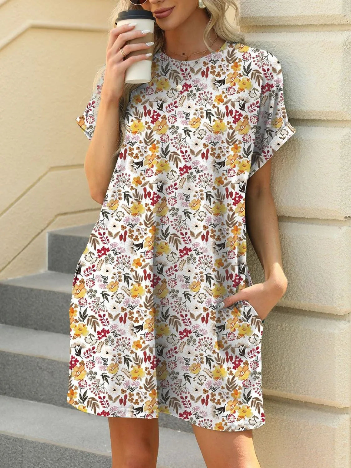 Printed Round Neck Short Sleeve Mini Dress - Velora