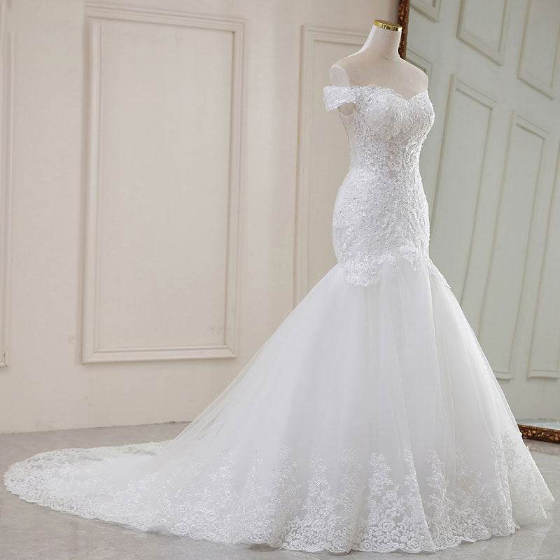 High Waist White Temperament Dream Lace Mid-waist Long Tail V-neck Wedding Dress - Velora