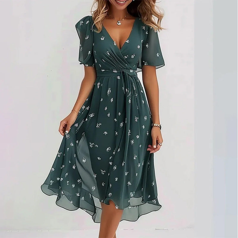 Flowers Printed V-neck Dress Summer A-line Short-sleeved Dresses For Women Velora