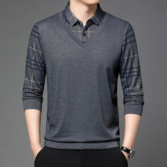 Fake Two-piece Lapel Long-sleeved Men's T-shirt - Velora