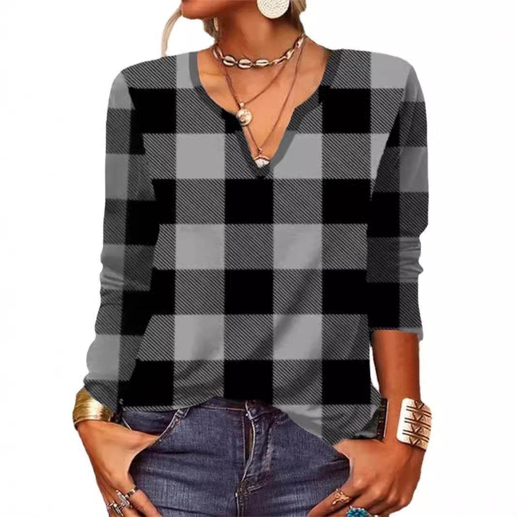Plaid & Printed Top V-neck Loose Long Sleeve Shirt For Women - Velora