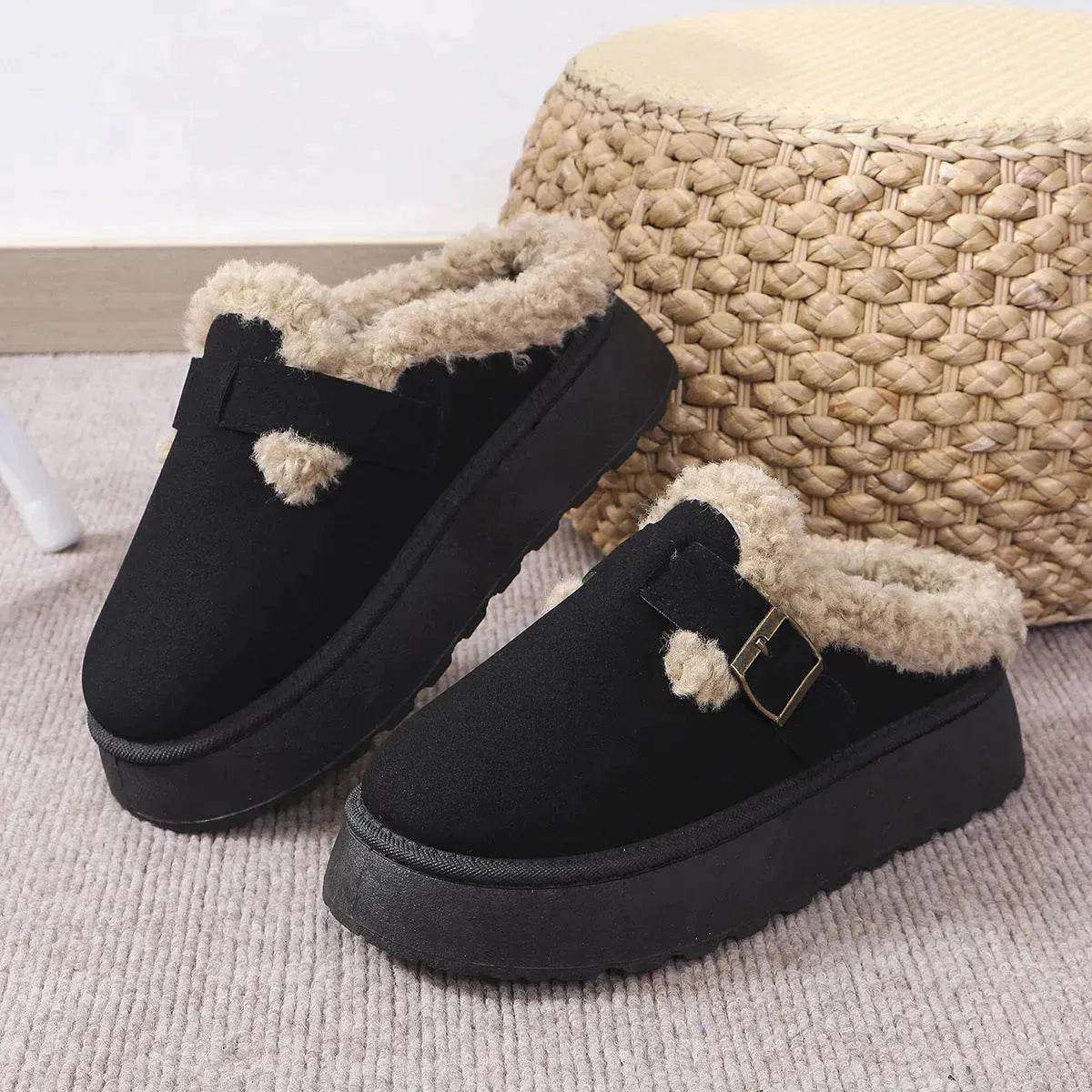 Fashion Thick-soled Plush Buckle Cotton Home platform Winter Slippers Indoor And Outdoor Casual Warm Women Garden Slipper - Velora