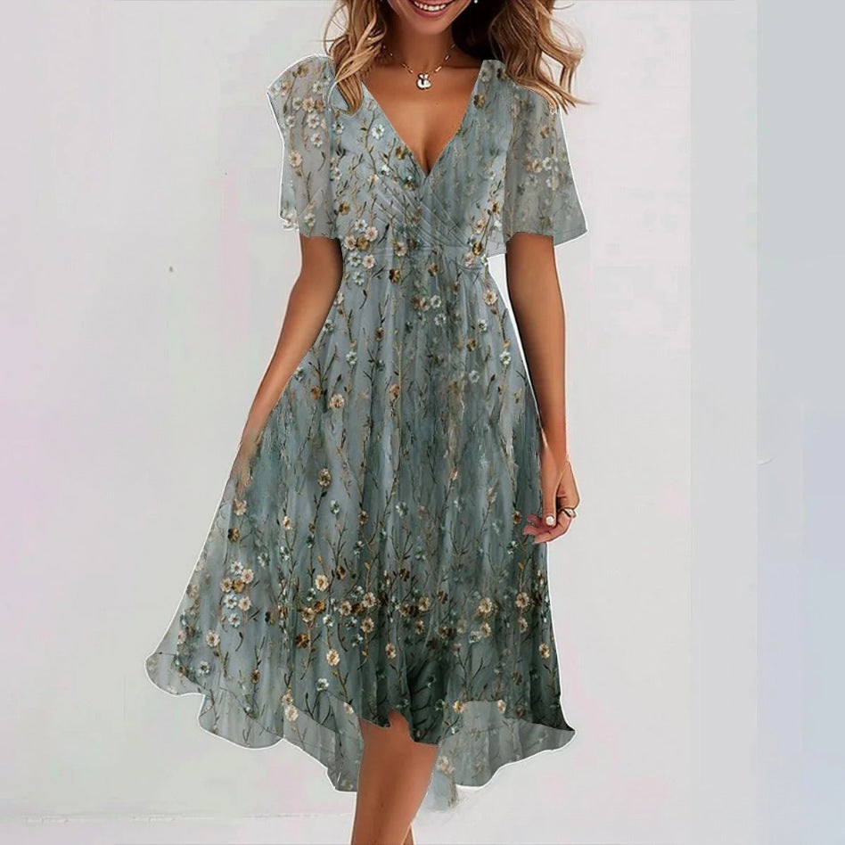 Flowers Printed V-neck Dress Summer A-line Short-sleeved Dresses For Women Velora