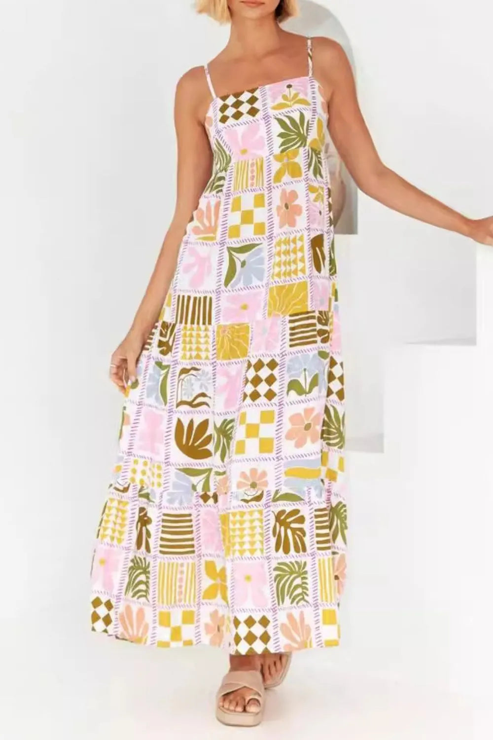 Cutout Back Printed Square Neck Maxi Cami Dress - Velora