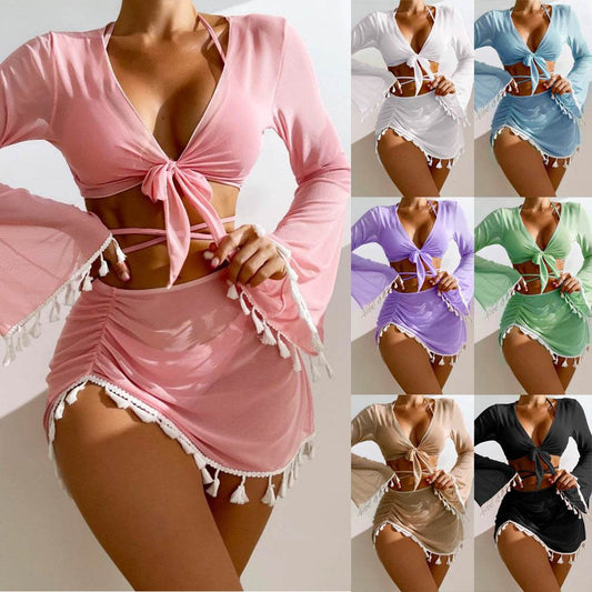 4pcs Solid Color Bikini With Short Skirt And Long Sleeve Cover-up Fashion Bow Tie Fringed Swimsuit Set Summer Beach Womens Clothing - Velora