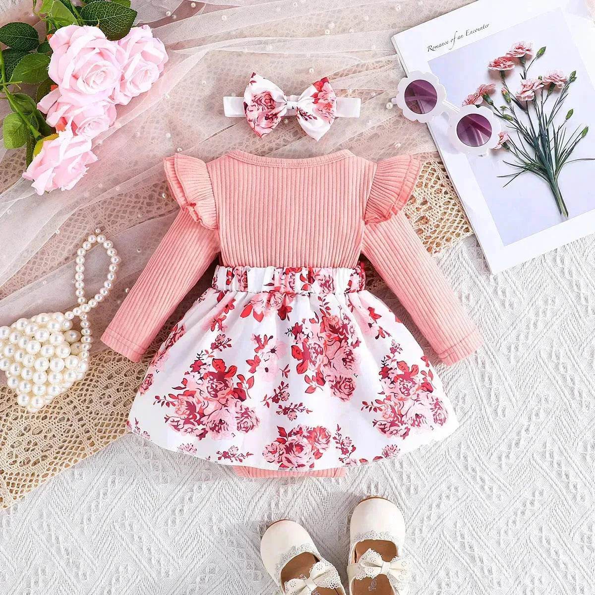 Latest Popular Sweet Long Sleeve pink Romper White Floral Suspender Skirt two piece for baby girls - Velora