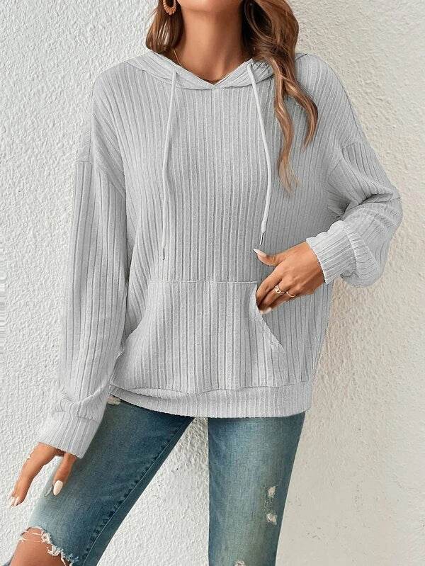 Fashion Drawstring Long-sleeved Hooded Sweatshirt With Pockets Solid Sunken Stripe Hoodie Knitwear Womens Clothing - Velora