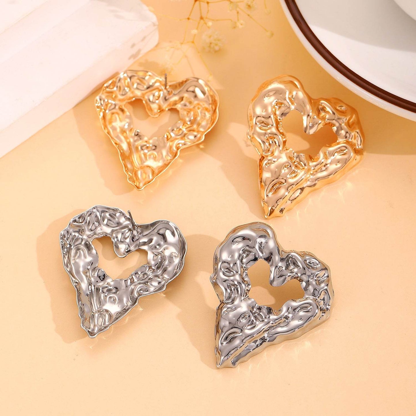 New Pleated Lava Hollow Heart-shaped Earrings Personality Exaggerated Love Earrings For Women Valentine's Day Jewelry - Velora