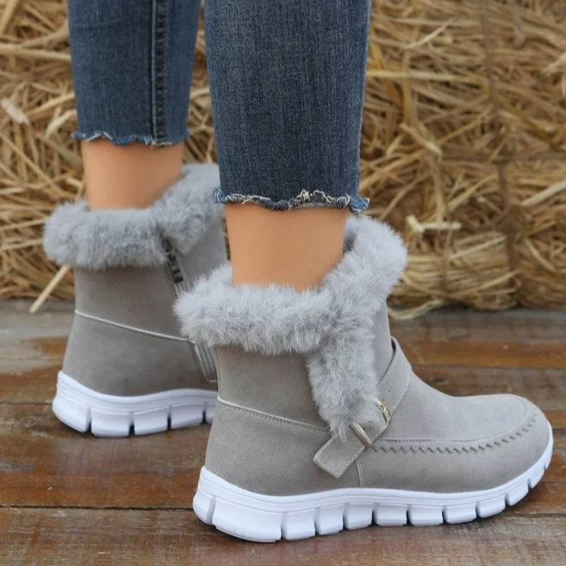 New Snow Boots Winter Warm Thickened Solid Color Plush Ankle Boots With Buckle Design Plus Velvet Flat Shoes For Women - Velora