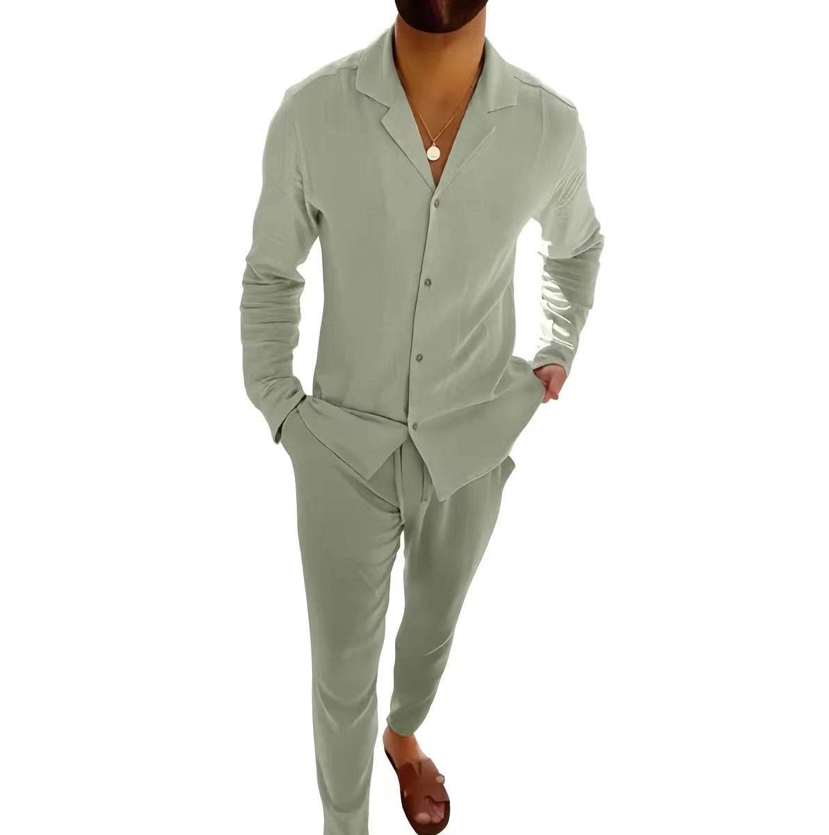 Casual Long-sleeved Suits Fashion Lapel Single-breasted Shirt Top And Slim-fit Trousers Men Clothing - Velora