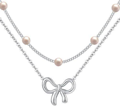 Simple Pearl Double Layer Choker Fashion Gold Color Necklaces Chain Small Bow Pendant Necklace Jewelry Gifts For Women Fashion Jewelry Valentine's Day Gifts - Velora
