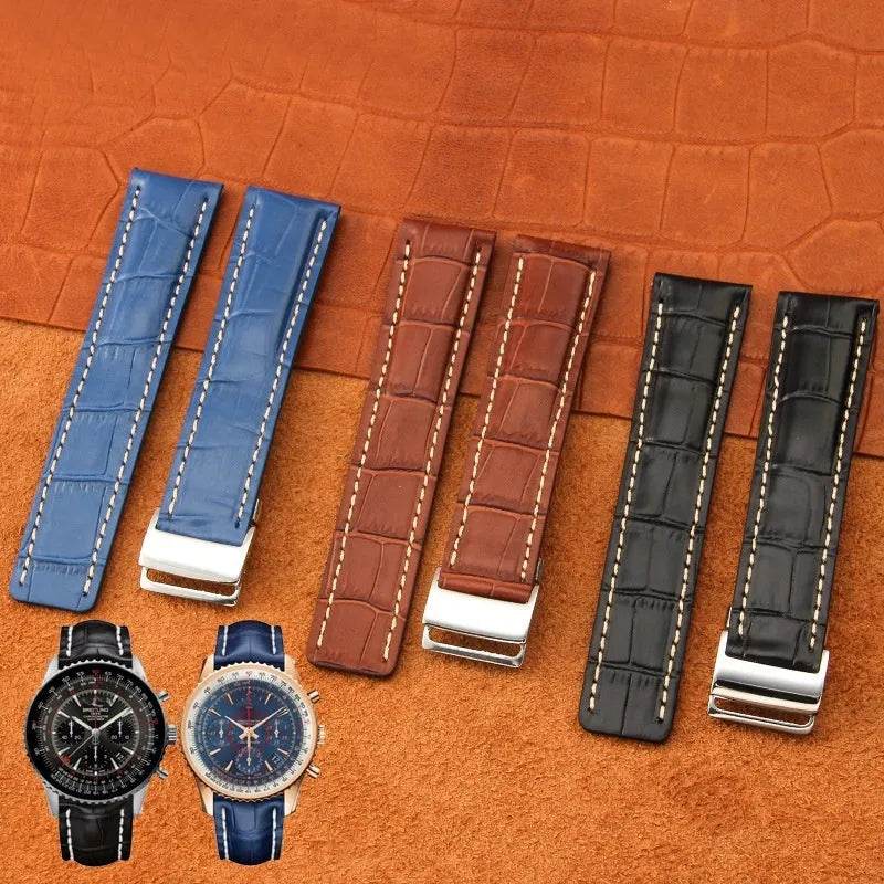 22mm 24mm Black Brown Blue Bamboo Grain Cowhide Watch Strap - Velora