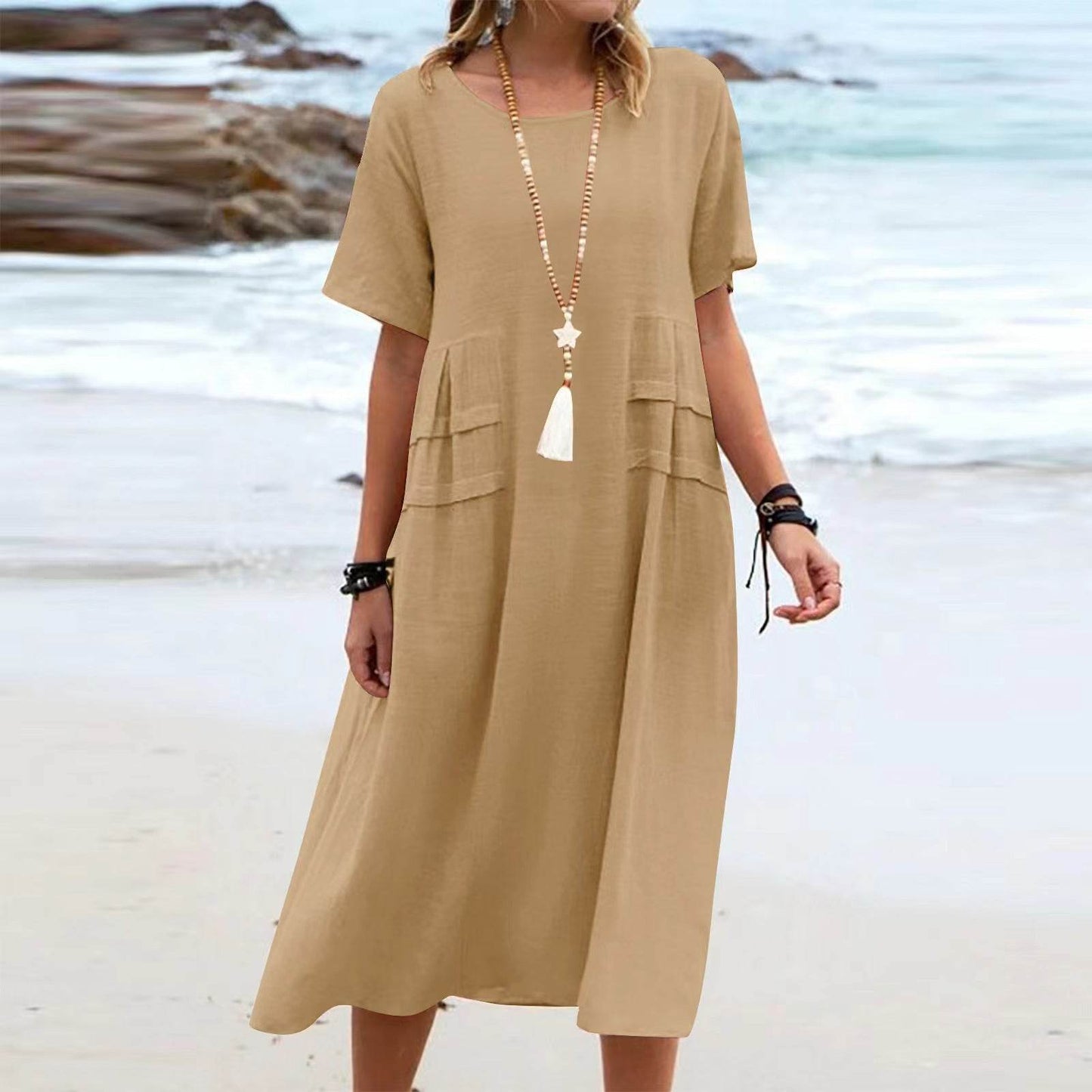 Women's Summer Loose Casual Midi Dress Breathable Cotton Linen Short-sleeve Mid-length Dresses Women Simple Beach Dress - Velora