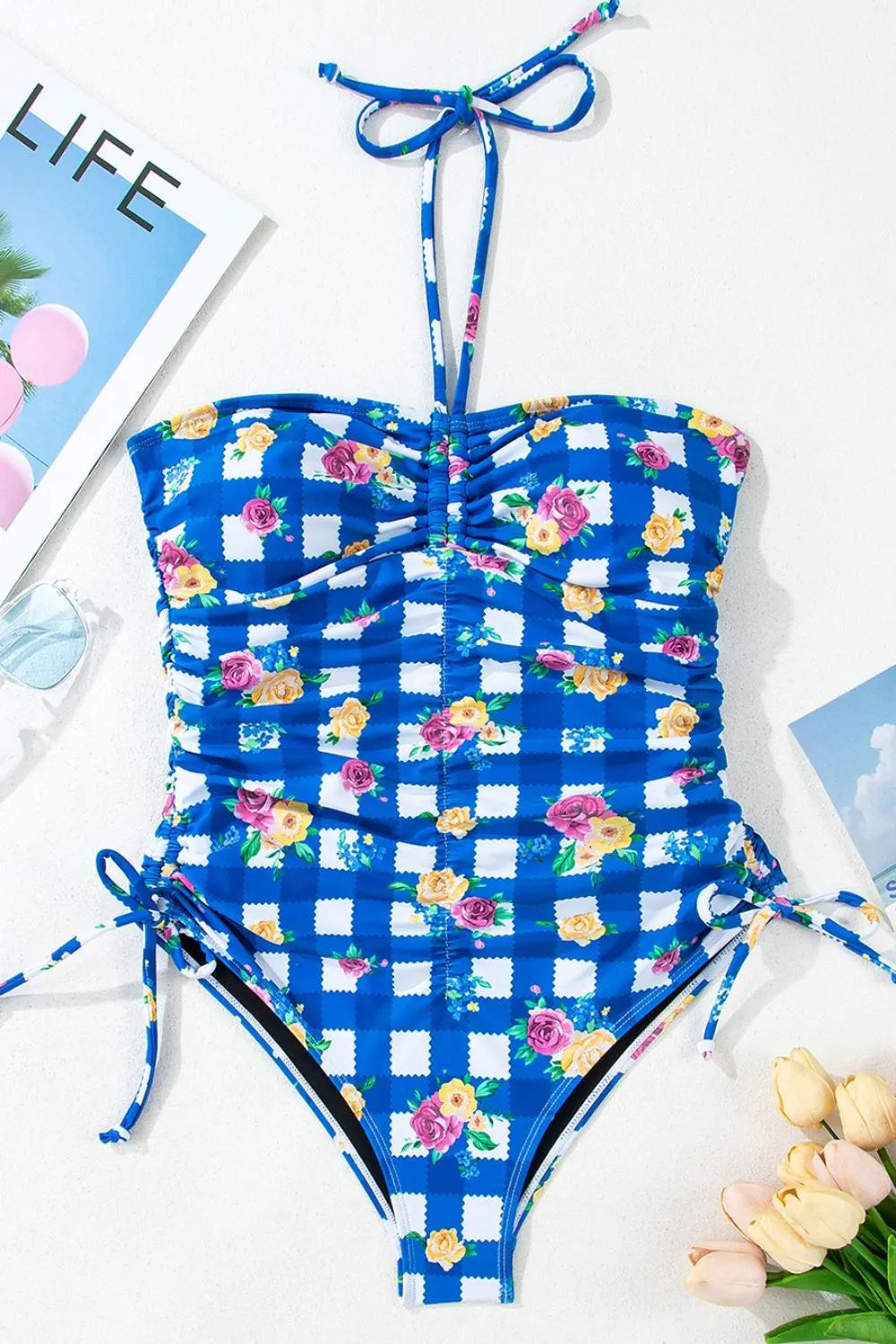 Floral Gingham Halter Neck Drawstring One Piece Swimwear - Velora