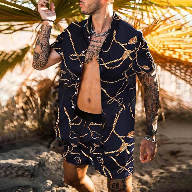 Summer Men Hawaiian Sets Printed Breathable Lapel Short Sleeve Shirtelastic Waist Beach Shorts Streetwear Casual Men Sets 2 Piec - Velora